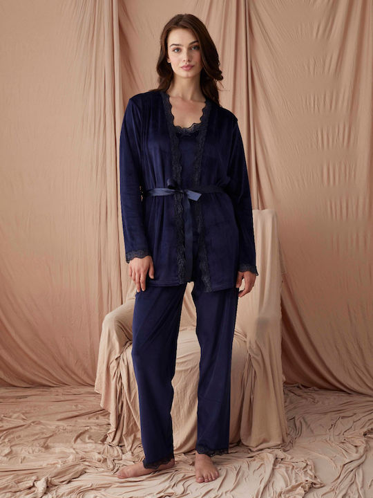 PJM Winter Damen Pyjama-Set Samt BLUE BLACK