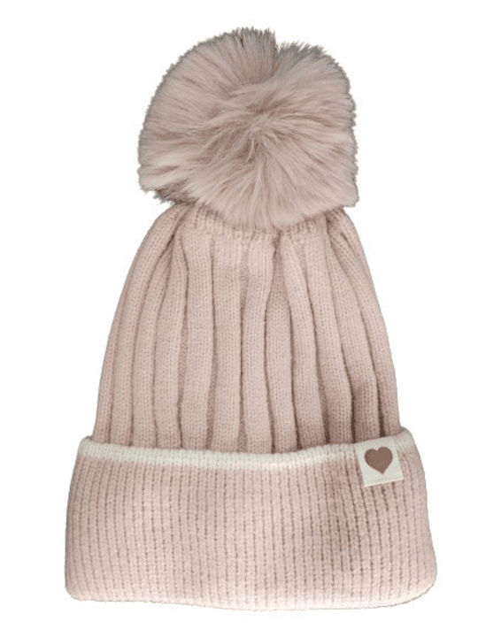 Romvous Pom Pom Beanie Unisex Σκούφος Πλεκτός σε Ροζ χρώμα