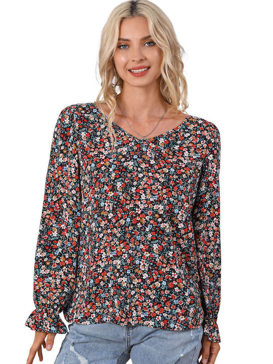 Amely Damen Bluse Langärmelig Blumen Red