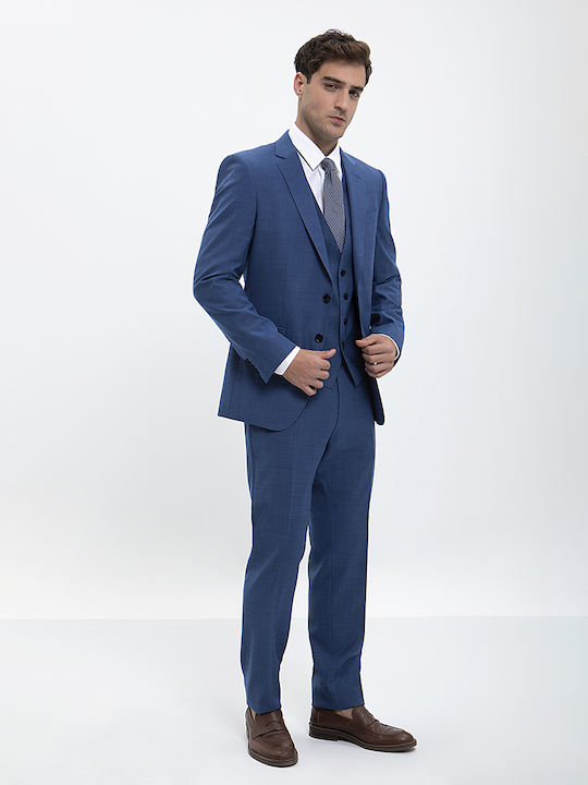 Hugo Boss Ανδρικό Κοστούμι Με Γιλέκο με Στενή Εφαρμογή Γαλάζιο