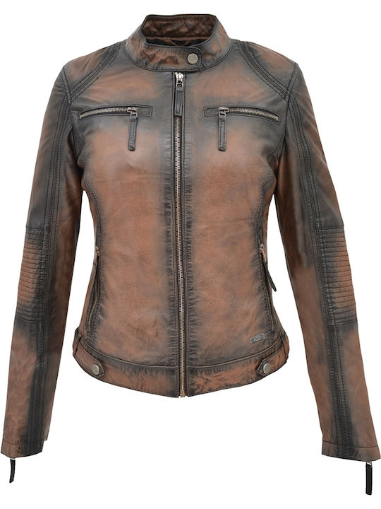 Δερμάτινα 100 Women's Short Lifestyle Leather Jacket for Winter ARBOR-COGNAC