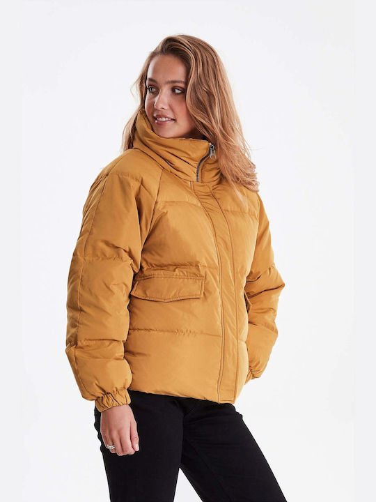 ICHI Women's Short Puffer Jacket for Winter Orange