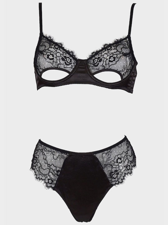 G Secret Lace Underwear Set with Bralette & Brazil Black