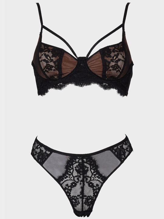 G Secret Lace Underwear Set with Bralette & Slip Black