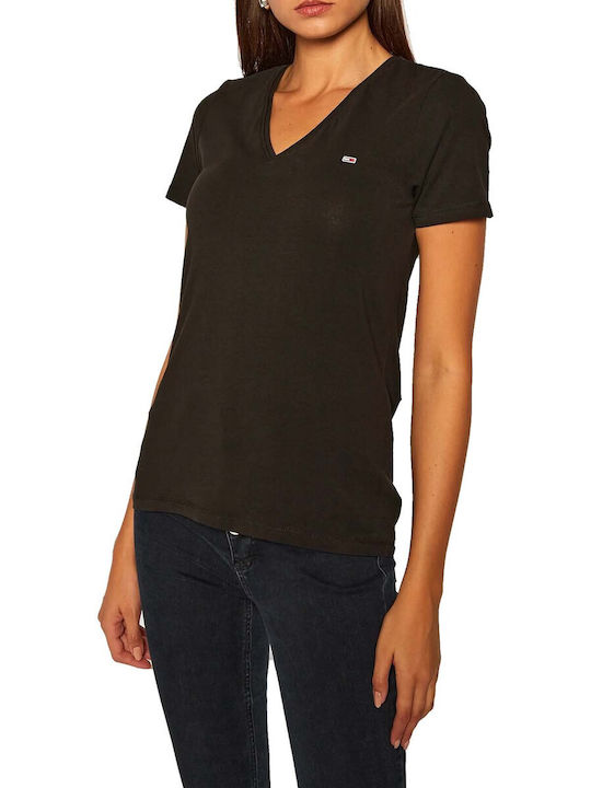 Tommy Hilfiger Women's Blouse Cotton Short Sleeve with V Neckline Black.