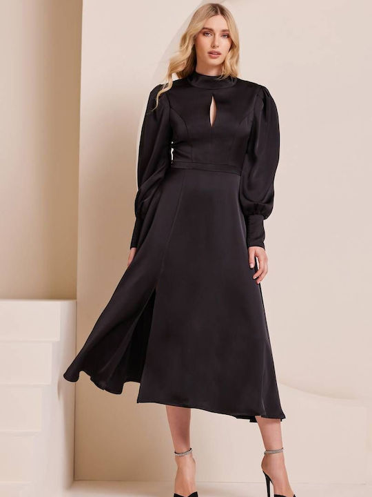 Mind Matter Midi Σεμιζιέ Φόρεμα Σατέν με Σκίσιμο Μαύρο