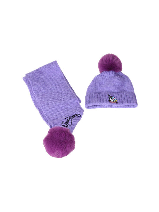 Kids Beanie Set with Scarf Knitted Purple