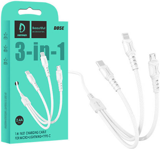 Denmen Denmen D05E Braided USB to Lightning / Type-C / micro USB Cable 2.4A Λευκό 1m
