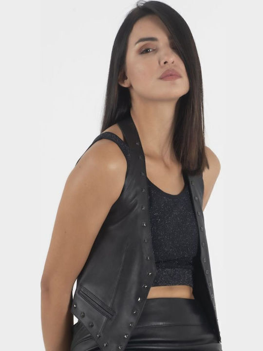 Women's Blouse Leather Sleeveless Black