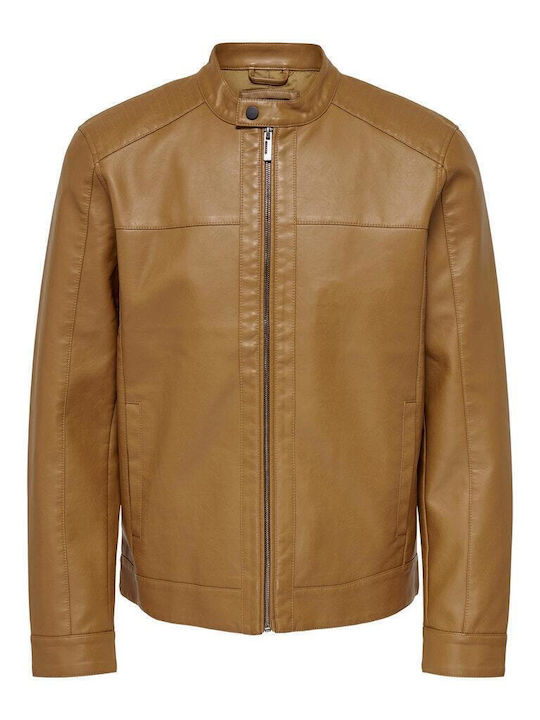 Only & Sons Faux Leather Jacket Biker Cognac