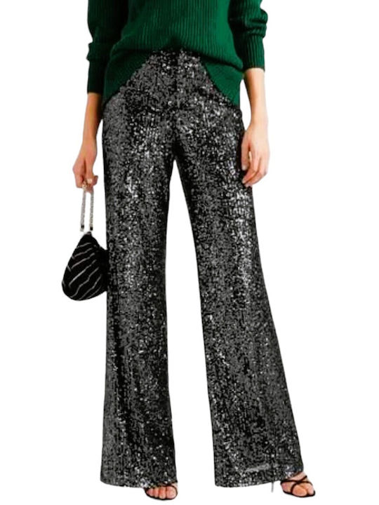Women's High-waisted Fabric Trousers with Elastic Gray with Sequins
