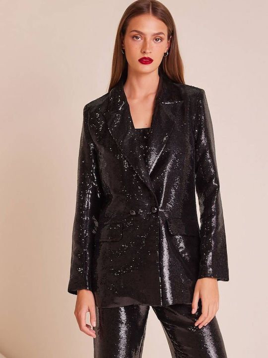 Mind Matter Long Women's Double Breasted Blazer Black with Sequins