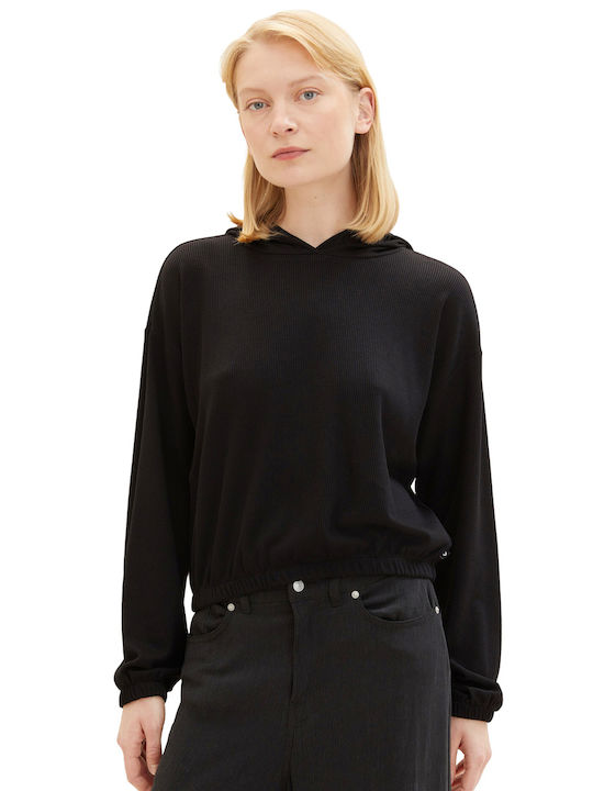 Tom Tailor Damen Bluse Langärmelig mit Kapuze Black (Deep Black)