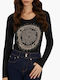 Guess Women's Blouse Cotton Long Sleeve with V Neck Polka Dot Black.