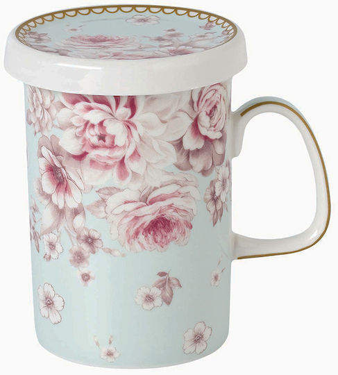 Karvounis Floral Paris Roses Becher aus Porzellan mit Deckel Grün