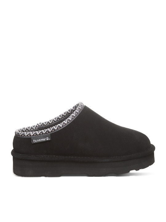 Bearpaw Δερμάτινες Παντόφλες Μαύρες