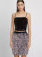 Top Crop din Catifea cu Bretele Negru