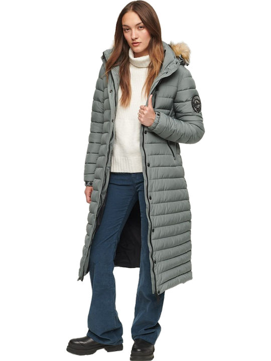 Fuji Μακρύ Γυναικείο Puffer Μπουφάν για Χειμώνα Balsam Green