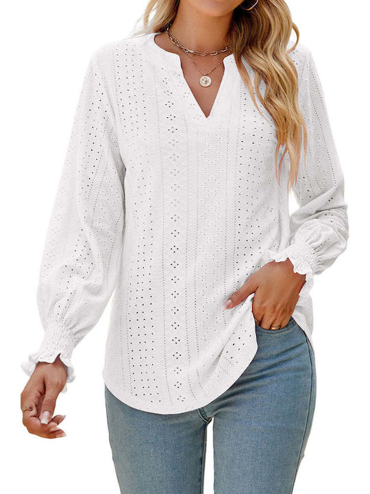 Amely Women's Blouse Long Sleeve with V Neck White