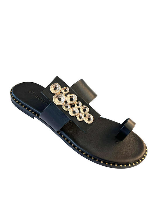 Leather Women's Flat Sandals in Black Color