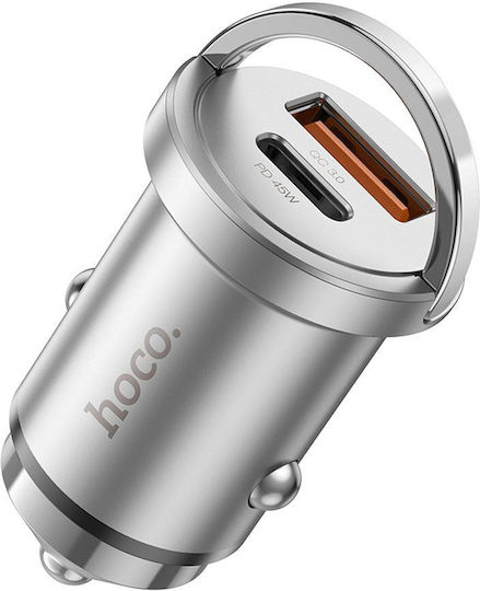 Hoco NZ10 Автомобилно Зарядно Устройство 45W 4A Бързо Зареждане с Портове 1xUSB-A 1xType-C Сребрист Цвят