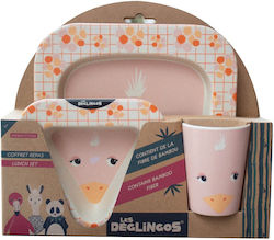 Les Deglingos Feeding Set Στρουθοκάμηλος made of Bamboo Pink 3pcs