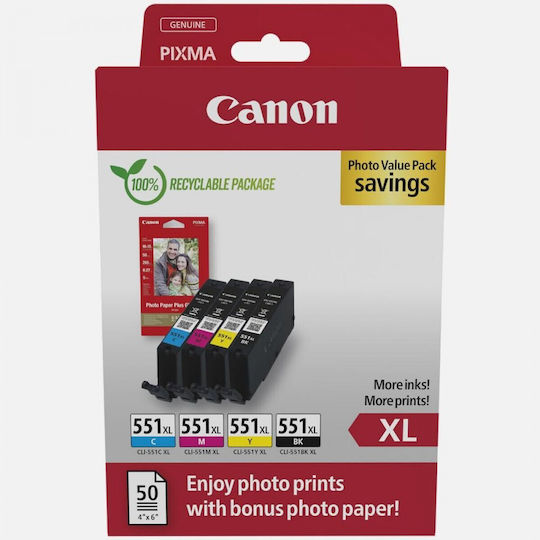 Canon CLI-551XL Γνήσιο Photo Value Pack με 4 Μελάνια Εκτυπωτή InkJet Κίτρινο / Κυανό / Ματζέντα / Μαύρο (6443B008)