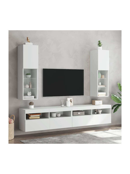 Wall Living Room Display Cabinet made of Particleboard with Glass & Lighting White 30.5x30x102cm