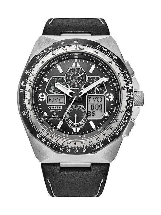 Promaster Skyhawk A-T Дигитален Мъжки Часовник 46 мм Хронограф Eco-Drive с Черна Кожена Каишка