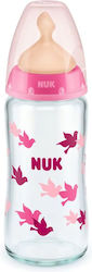 Nuk First Choice+ Γυάλινο με Θηλή Καουτσούκ για 0-6 μηνών Πουλιά - Ροζ 240ml