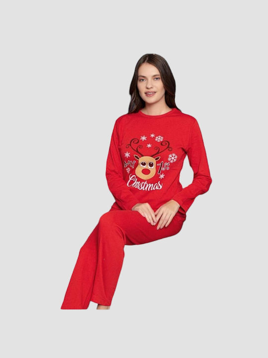 Cagri Homewear Winter Women's Pyjama Set Cotton Red