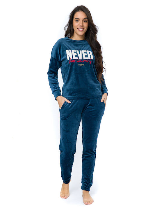 SNC Homewear Χειμερινό Γυναικείο Σετ Πιτζάμας Μπλε
