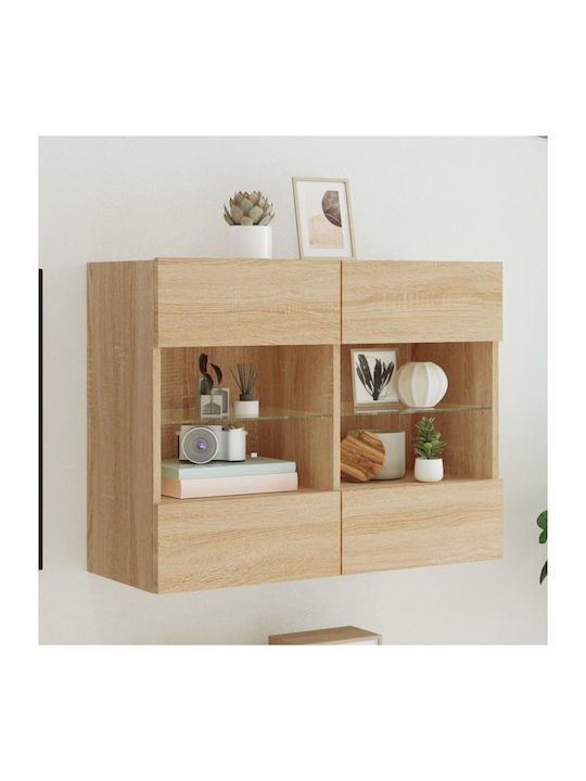 Wall Mounted Particle Board Living Room Display Cabinet with Glass & Lighting Coffee 78.5x30x60.5cm