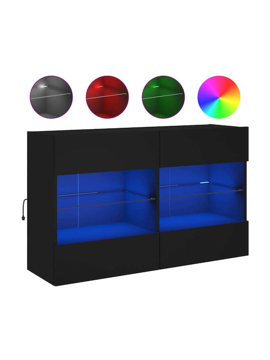 Wall Mounted Particle Board Living Room Display Cabinet with Glass & Lighting Black 98.5x30x60.5cm