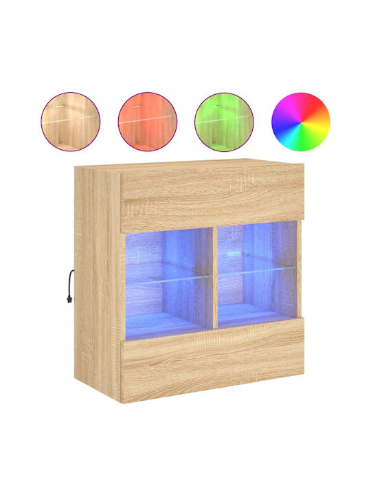 Wall Mounted Particle Board Living Room Display Cabinet with Glass & Lighting Sonoma Oak 58.5x30x60.5cm