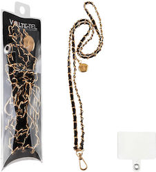 Volte-Tel Chain Neck Strap for Mobile Phones Black Leather-Gold Metal