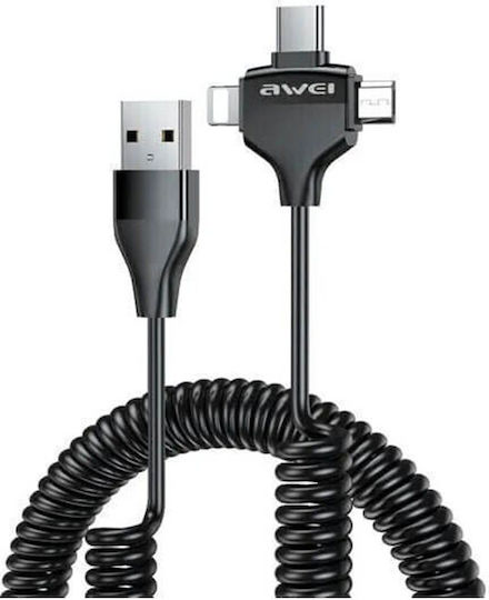 Awei CL-205 Spirale USB zu Blitzschlag / Typ-C,TC-TC / Micro-USB Kabel 2.4A Schwarz 1.5m (TS04187)