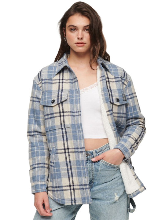 Superdry Women's Sherpa Checked Midi Overshirt Ivory.