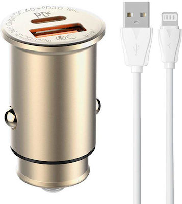 Car Charger with Ports: 1xUSB 1xType-C with Cable Lightning