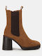 Suede Women's Chelsea Boots with High Heel Brown