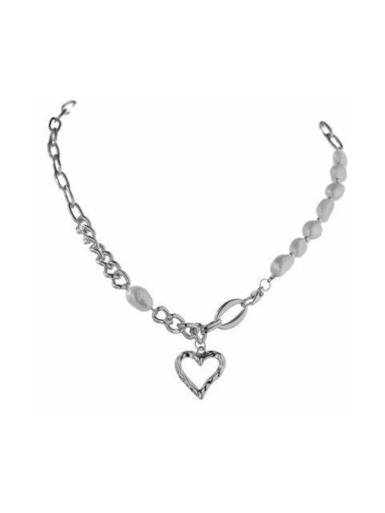 Halskette mit Design Herz aus Stahl mit Perlen