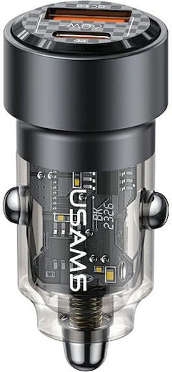 Usams Auto-Ladegerät 60W 2.22A mit Anschlüssen: 1xUSB 1xType-C Schwarz Farbe