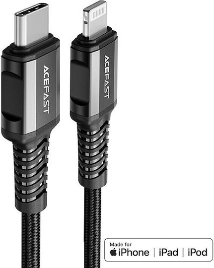 Acefast Плетена USB-C към Lightning кабел 30W Черен 1.2м (C1-01)