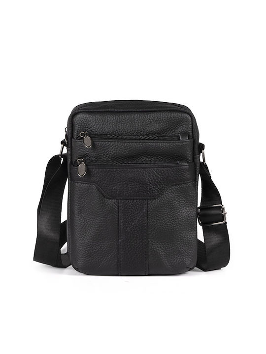 Leather Shoulder / Crossbody Bag with Zipper & Adjustable Strap Black 17x6.5cm