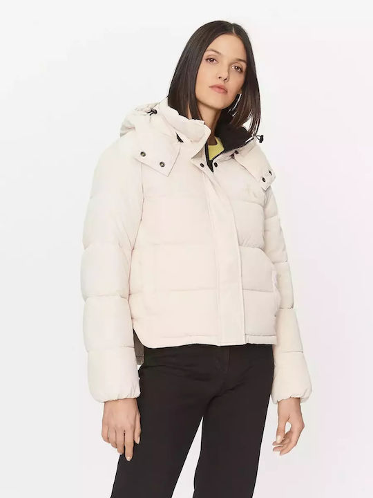 Calvin Klein Women's Short Puffer Jacket for Winter with Hood Ecru