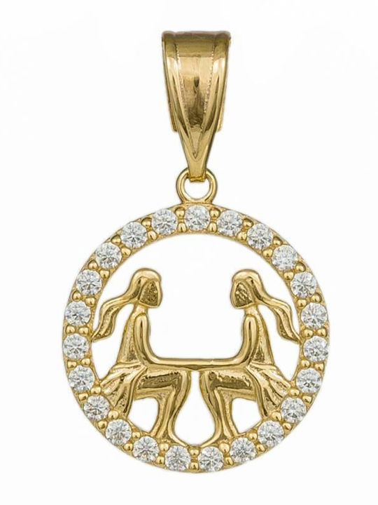 Близнаци Charm Зодиакален Знак Близнаци от Жълто Злато 14 Карата с Зиркон