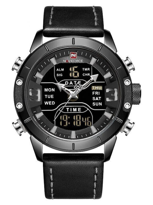 Naviforce Herrenuhr 45mm Chronograph Batterie mit Schwarz Lederarmband