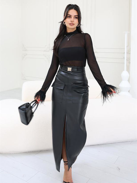 Reyon Leather Midi Skirt in Black color