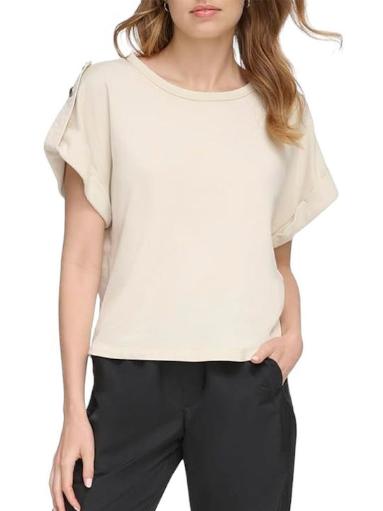 DKNY Women's Blouse Cotton Short Sleeve Beige