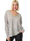 Potre Women's Long Sleeve Sweater Woolen with V Neckline Gray